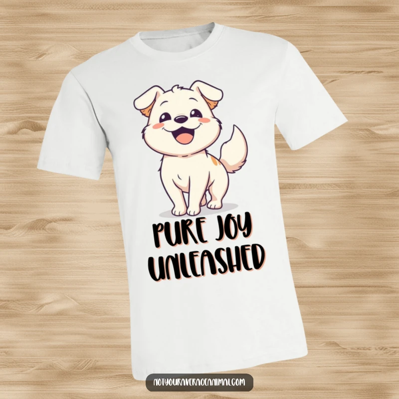 Funny happy dog t-shirt with an energetic dog furiously wagging its tail, symbolizing pure canine excitement and happiness.