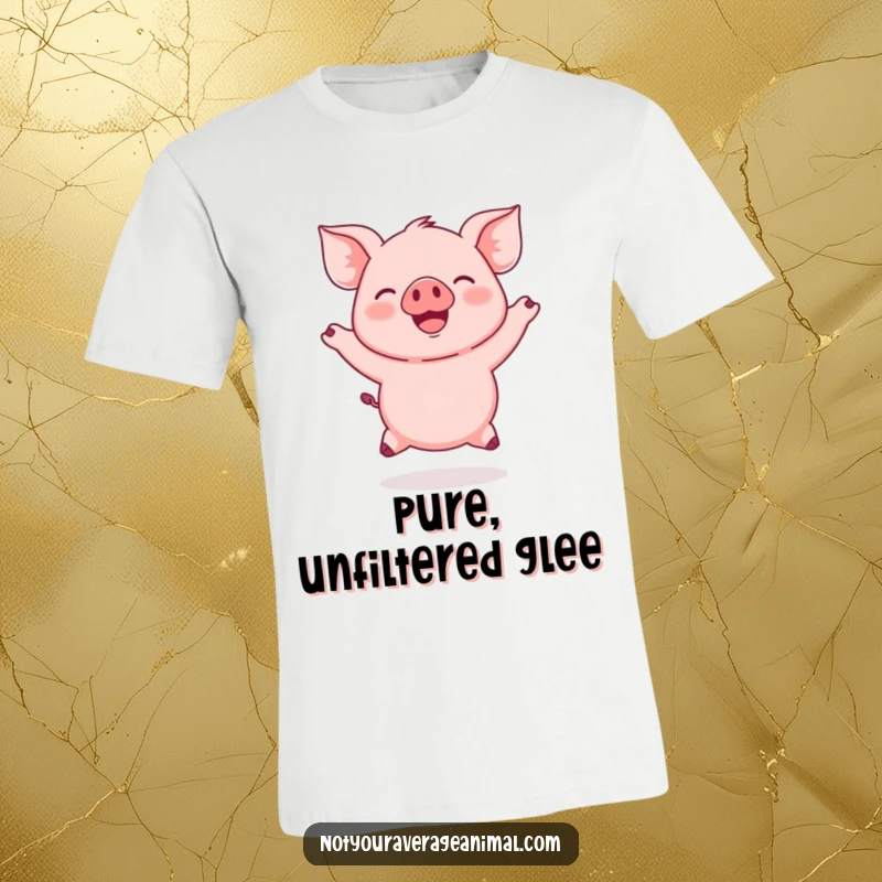 Funny Jumping Piglet T-Shirt with a round, pink piglet captured mid-jump with ears flapping, symbolizing happiness.