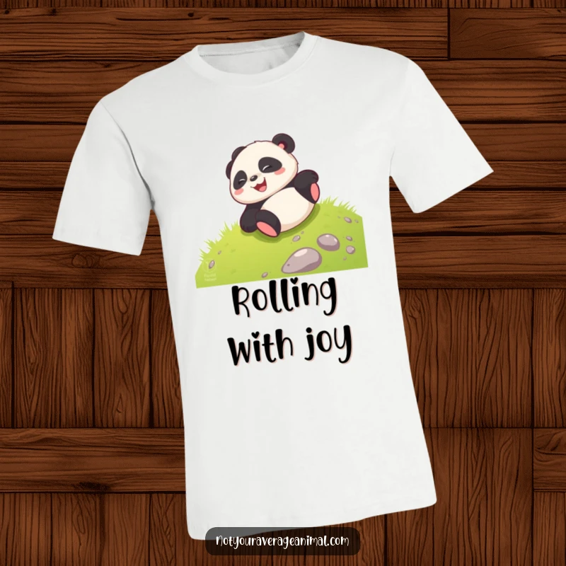 Funny giggling panda cub joyfully rolling down a grassy hill on this fun and vibrant t-shirt.
