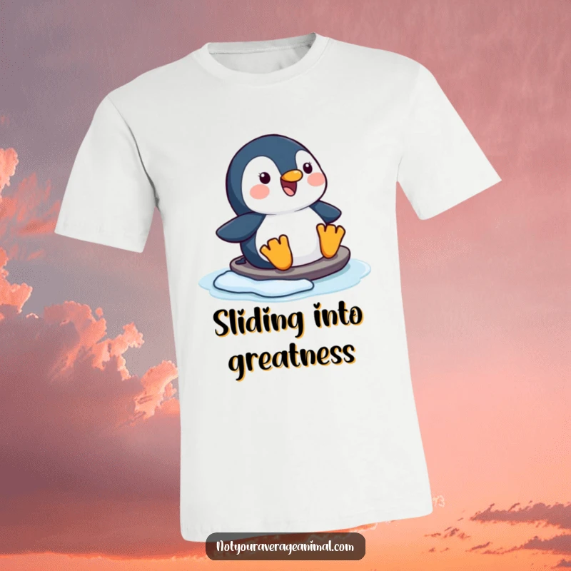 Funny happy penguin t-shirt, doing a joyful slide on ice, showcasing pure winter happiness.