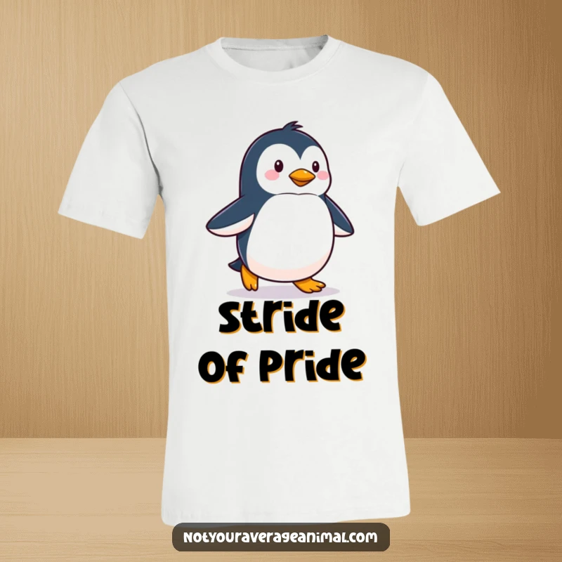 Funny t-shirt depicting a proud penguin executing a cheerful and confident waddle, radiating happiness and charm.