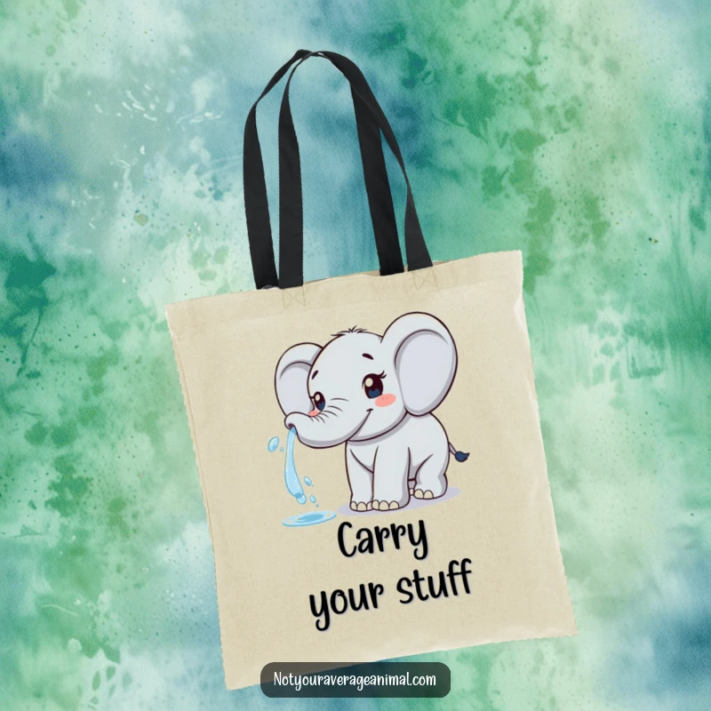 Funny elephant tote bag with a friendly elephant happily spraying water from its trunk, ideal for carrying items.