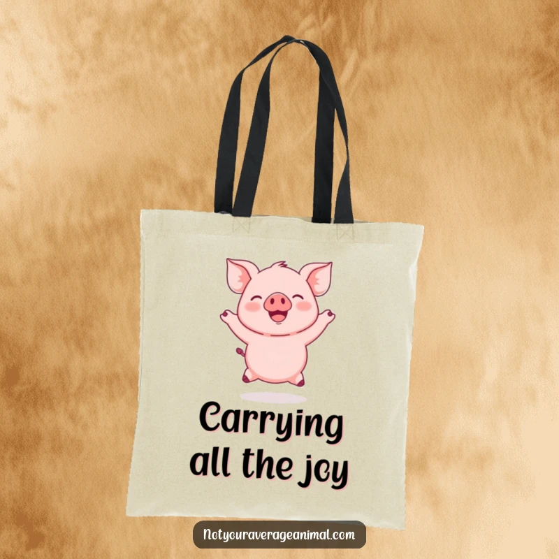 Funny Jumping Piglet Tote Bag showcasing a round, pink piglet in a cheerful jump with ears flapping, a symbol of pure joy.
