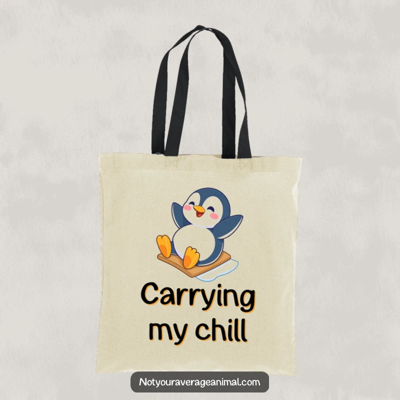 Funny tote bag featuring a happy penguin character sliding down an icy slope with joy, ideal for carrying items with winter charm.