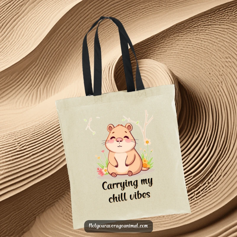 Funny capybara tote bag depicting a happy character enjoying a warm spring bath, perfect for carrying essentials with a calm vibe.