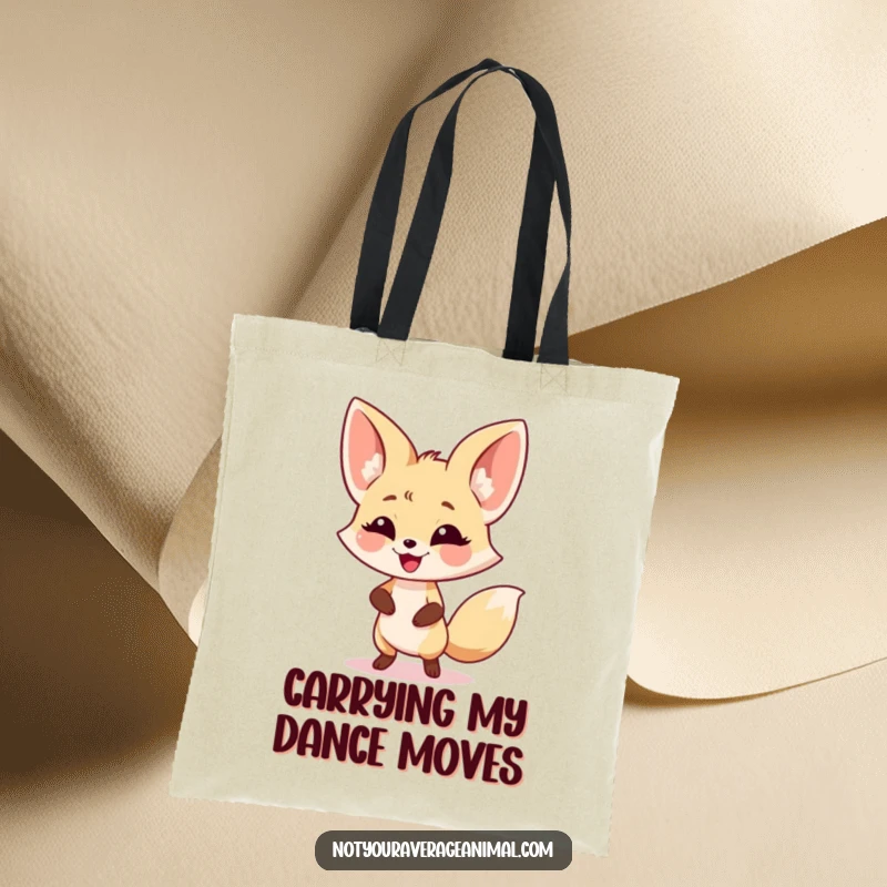 Funny fennec fox tote bag with a smiling, dancing character and prominent ears, ideal for carrying items with flair.