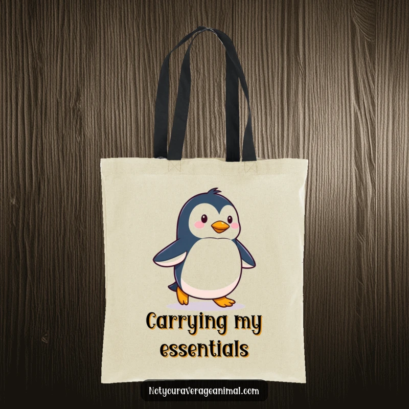 Funny tote bag featuring a proud penguin waddling happily, perfect for carrying daily items with a touch of winter charm and humor.