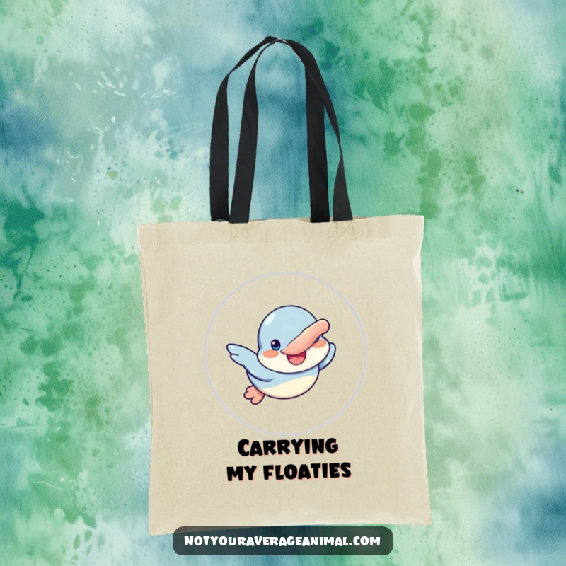 Funny tote bag designed with a goofy platypus character swimming happily, perfect for carrying essentials with a smile.