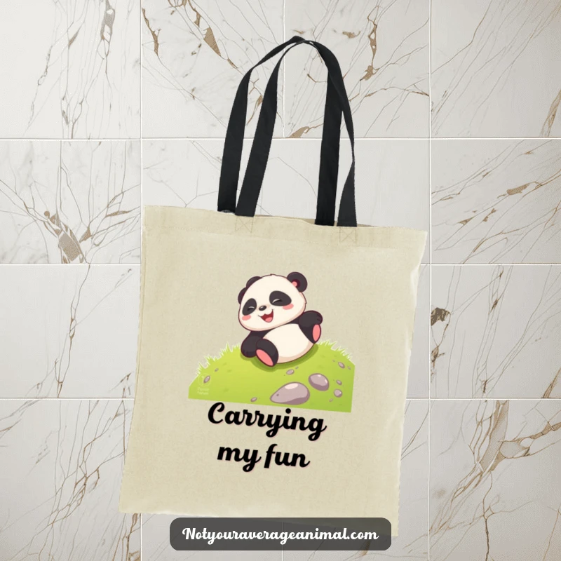 Funny giggling panda cub joyfully rolling down a grassy hill, perfect for a cute and humorous tote bag.