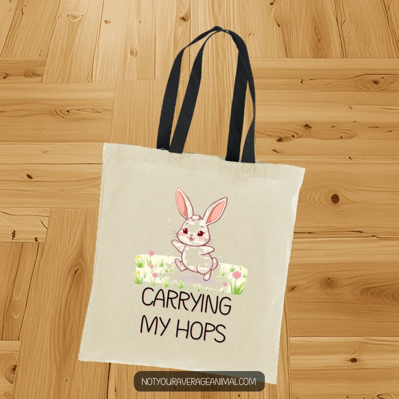 Funny tote bag featuring a cheerful rabbit with long ears, hopping joyfully through a vibrant green field, embodying nature's fun.