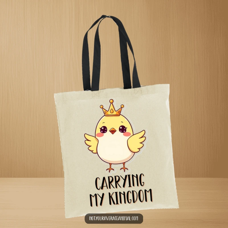 Funny cheerful bird wearing a tiny crown, perfect for a stylish and humorous tote bag.