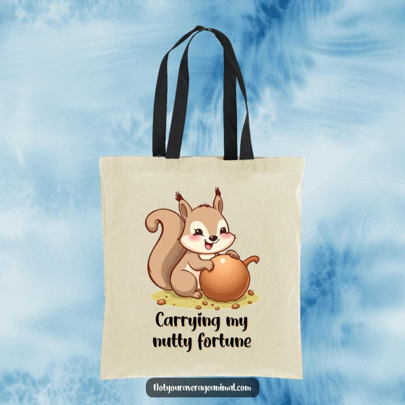 Funny tote bag featuring a beaming squirrel proudly burying a colossal acorn, illustrating a hilarious scene of successful foraging and abundance.