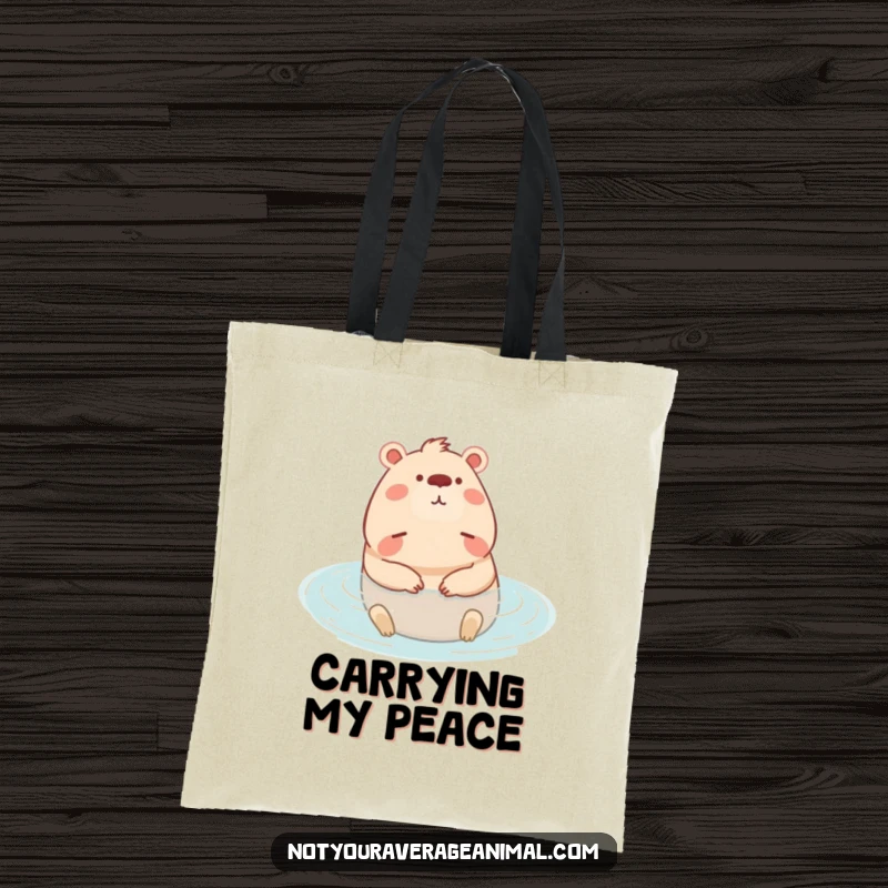 Funny tote bag designed with a content capybara character relaxing in water, perfect for carrying essentials in style.