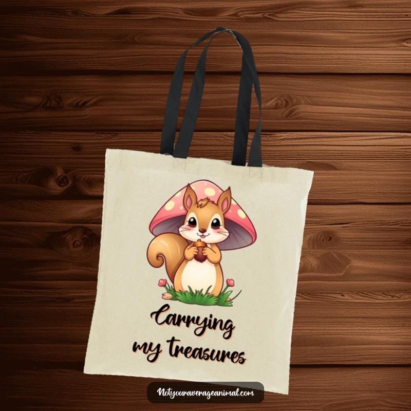 Funny Squirrel Tote Bag: A curious squirrel peeks from a mushroom, holding an acorn, a stylish and humorous accessory for daily use.