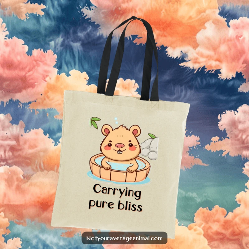 Funny Capybara Tote Bag with a playful capybara character smiling contentedly in a hot spring, great for everyday use.
