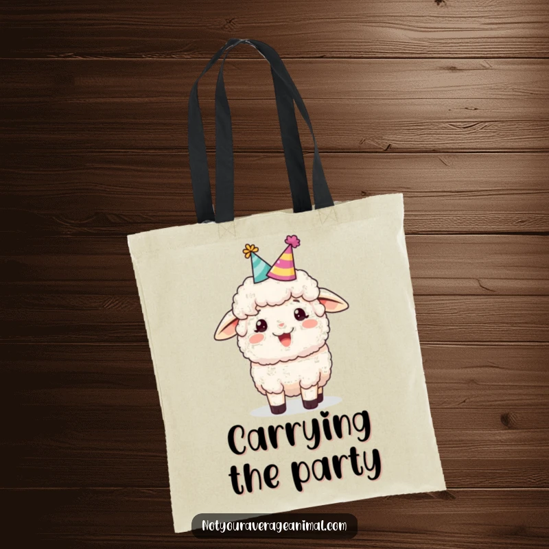 Funny sheep tote bag depicting a fluffy sheep wearing a party hat and bleating happily, perfect for carrying party essentials.