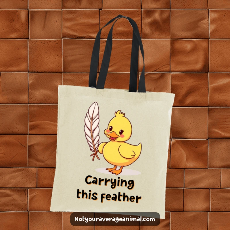 Funny cartoon duck tote bag depicting a silly duck waddling with a giant feather. A charming and useful accessory with humorous flair.