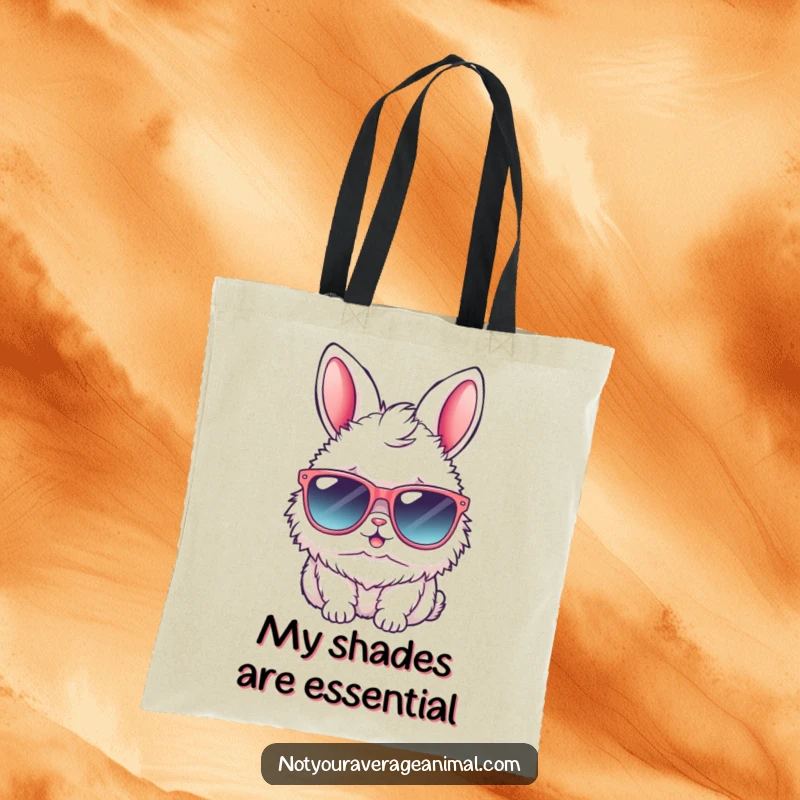 Funny bunny tote bag with a fluffy rabbit in oversized sunglasses, designed for stylish and humorous grocery shopping or everyday carrying.