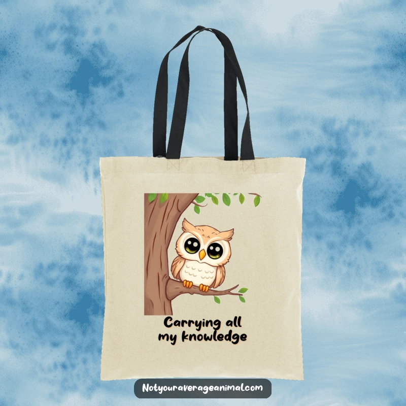 Funny tote bag with a curious owl and large eyes peeking from a branch, perfect for carrying items with a side of witty observation.