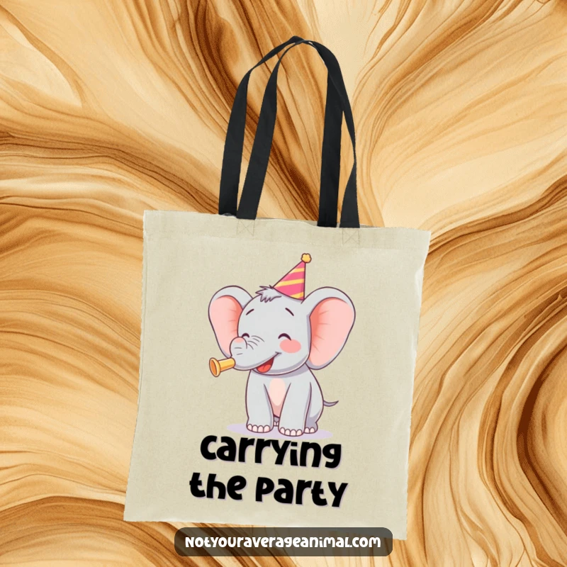 Funny tote bag with a happy elephant blowing a party horn, perfect for carrying essentials and good vibes.