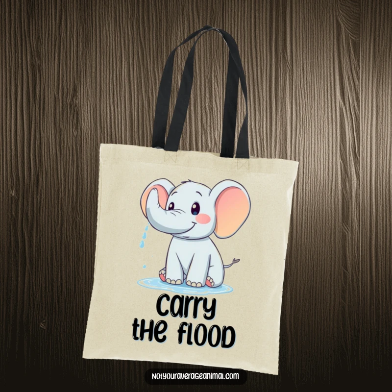 Funny tote bag showcasing a cheerful elephant using its trunk to spray water, symbolizing refreshing fun.