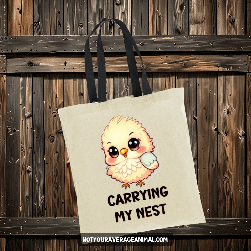 Funny Tote Bag with a fluffy, colorful bird featuring big eyes, chirping happily, perfect for carrying daily items with cheerful flair.