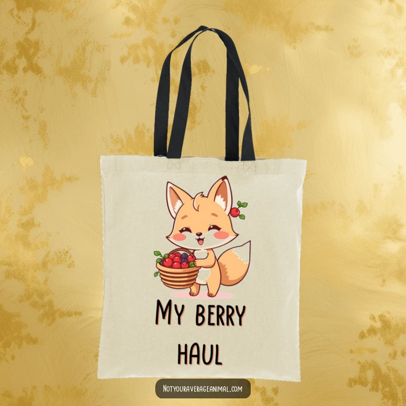 Funny Fox Tote Bag featuring a cheerful fox character carrying a basket full of berries, perfect for shopping and daily use.