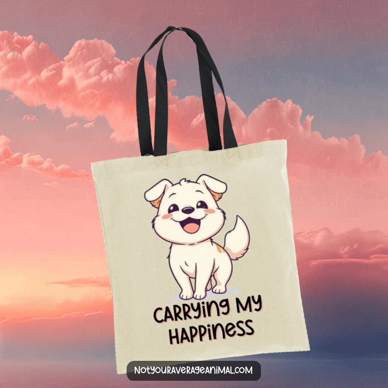 Funny happy dog tote bag with an energetic dog wagging its tail, perfect for carrying essentials with a dose of canine happiness.