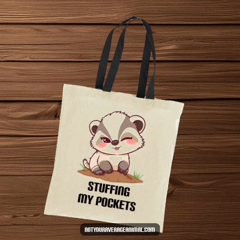 Funny mischievous badger tote bag, showing a badger winking while digging, a humorous carry-all.