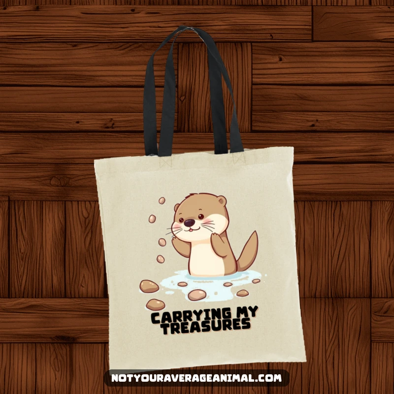 Funny Otter Tote Bag featuring a curious otter character juggling shiny pebbles in the water, perfect for carrying essentials stylishly.