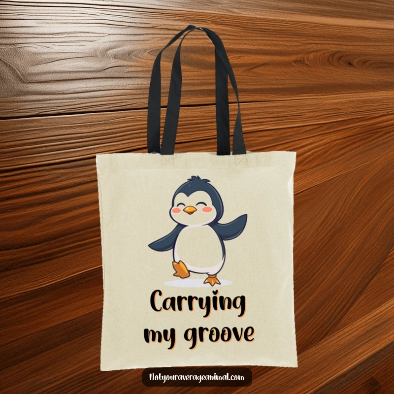 Funny Tote Bag: A determined penguin joyfully performing a lively jig, showcasing its energetic and happy demeanor.