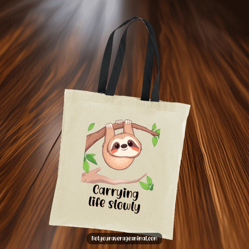 Funny tote bag: A content sloth hangs upside down from a branch, smiling serenely.
