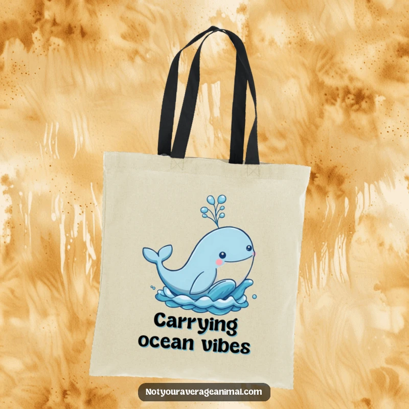 Funny tote bag showing a happy whale breaching the ocean, spraying a large spout of water, a humorous beach companion.