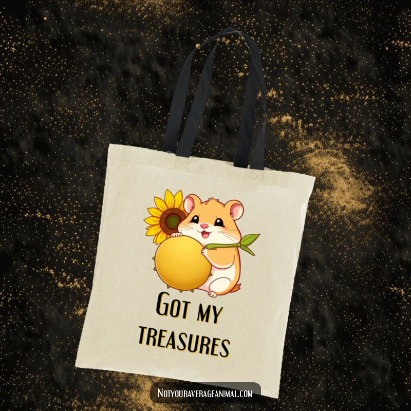 Funny hamster tote bag with a plump, smiling hamster happily holding a giant sunflower seed.