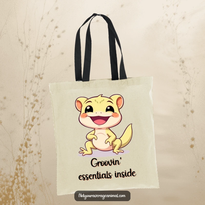 Funny Gecko Tote Bag with a smiling gecko character performing a delightful happy little shimmy, perfect for everyday use.