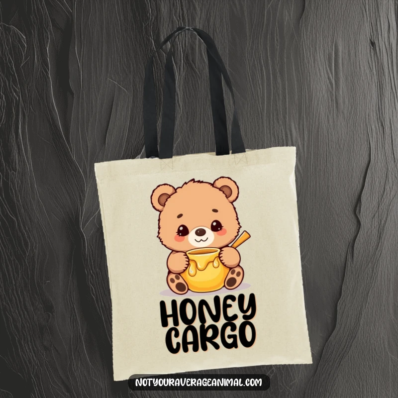 Funny Tote Bag with a cute, fuzzy bear cub, sweet smile beaming, hilariously hugging a honey pot, perfect for carrying daily joy.