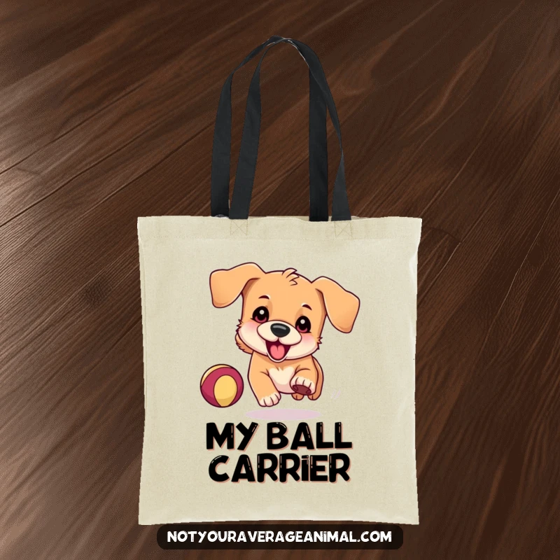 Funny Tote Bag with a playful dog, floppy ears trailing, hilariously chasing a bouncing ball, perfect for carrying daily fun.