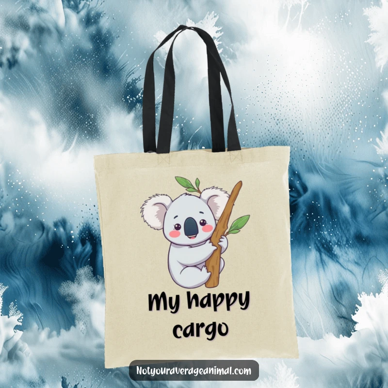 Funny tote bag showing a content koala character happily hugging a eucalyptus branch, perfect for carrying items with peace.