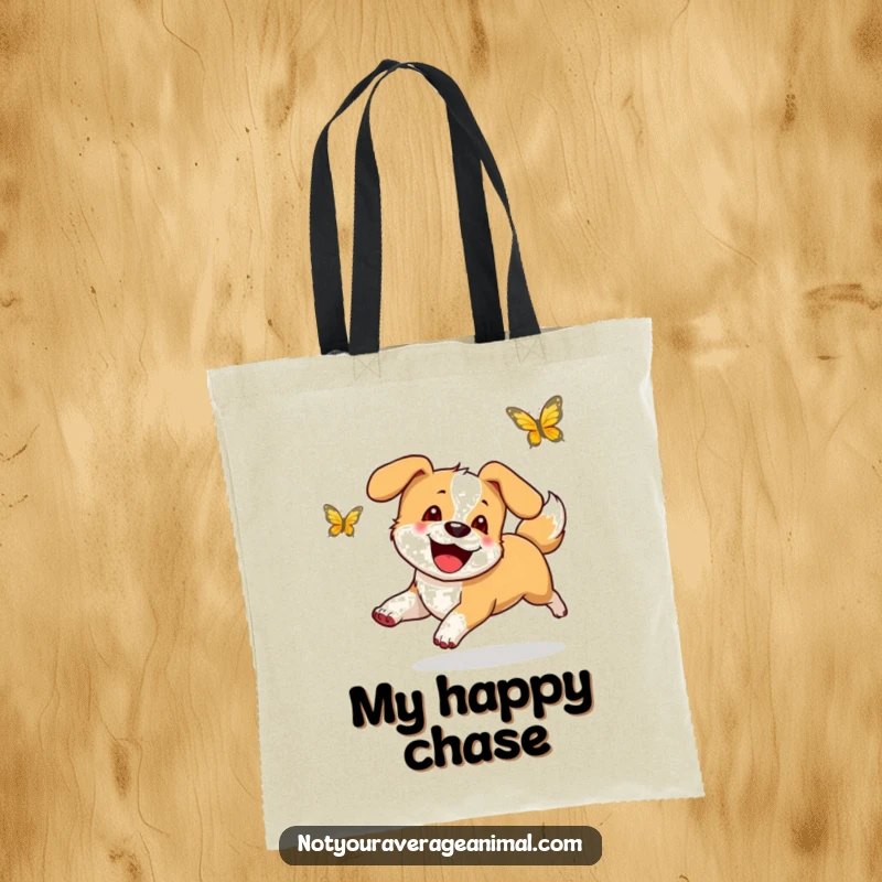 Funny tote bag featuring a happy dog with a furiously wagging tail, joyfully pursuing a butterfly in a bright, cheerful setting.