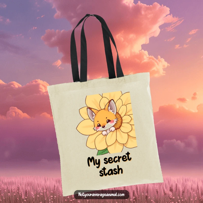 Funny fox tote bag showcasing a playful fox peeking from behind a large flower, ideal for stylish and whimsical shopping.