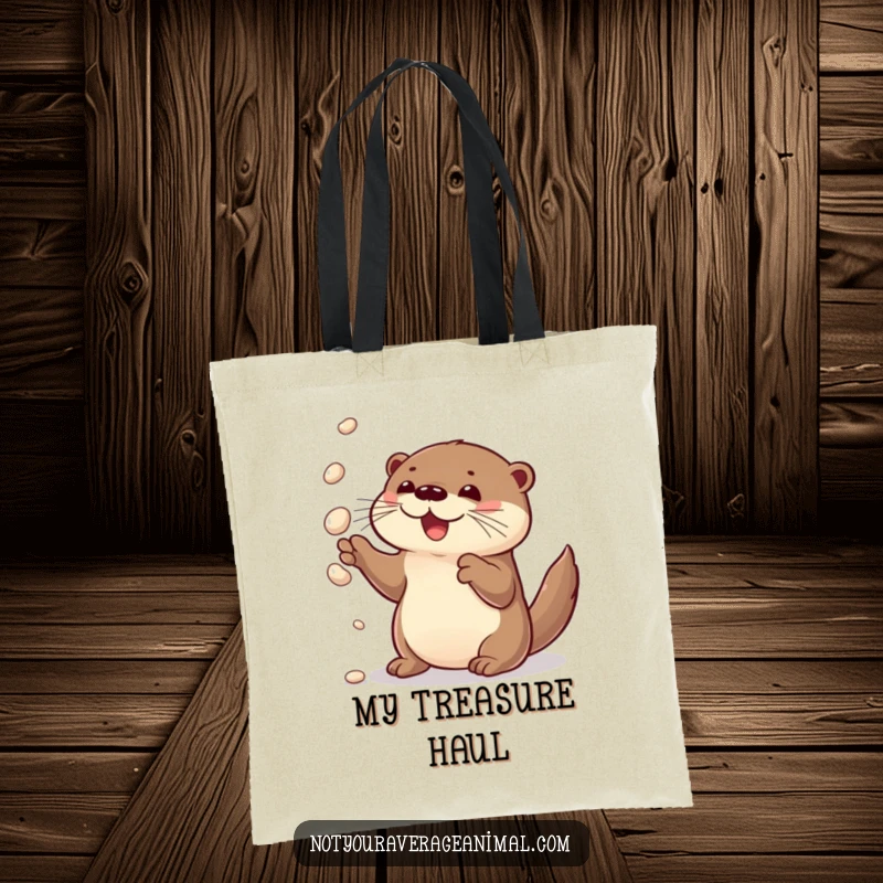 Funny tote bag with a curious otter delightedly juggling shiny pebbles, perfect for carrying smiles.